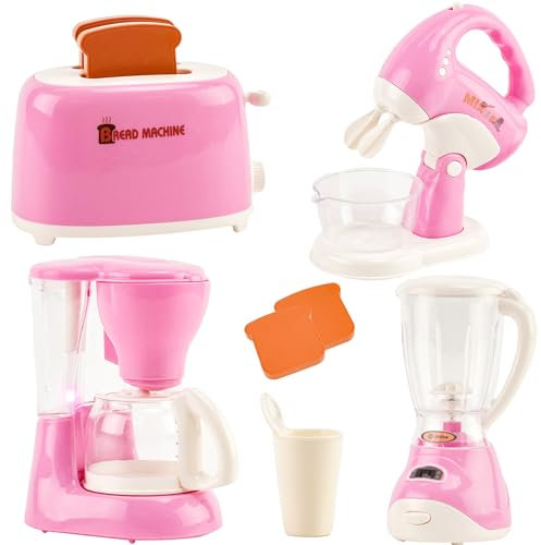 Küchengerät Spielzeug Set, Kinderküche Spielküche Zubehör, Küchen Frühstücksset, Kaffeemaschine, Mixer, Toaster, Rührgerät mit Geräusch und Licht, Ideales Rollenspiel Geschenk für Kinder ab 3 Jahren