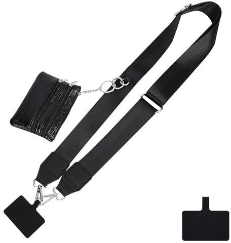 Risipu Handykette Universal mit Tasche, Clip und Go Handygurt mit Reißverschluss Geldbörse, Verstellbarer Umhängegurt für Damen (Black)