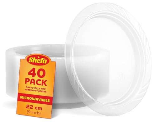 Shefa Lot de 40 assiettes transparentes de 22,9 cm, réutilisables et lavables, vaisselle robuste, passe au micro-ondes – Idéales pour les anniversaires, les fêtes, le camping, la restauration