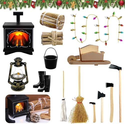 Lets Joy Cheminée Miniature, 14 Pièces Accessoires Maison de Poupee, Accessoires Miniatures, Mini Feu de Camp LED, Mini Outils Décoration de Noël, Accessoires Jardin Miniatures Décoratifs