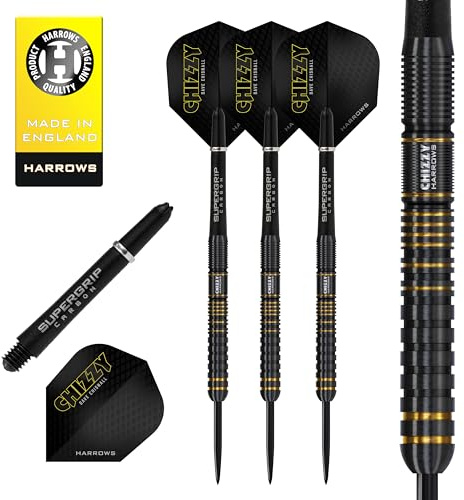 Harrows Dave Chisnall Chizzy Series 3 spelare dartset I professionella dartpilar 90 % volframstål alla vikter Pro DartsI10 st set med supergrepp kol midi-axlar och signaturflygningar (23 g)