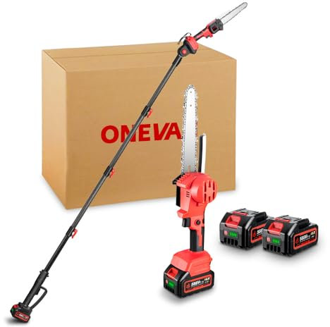 ONEVAN Élagueuse sans fil et élagueuse avec manche télescopique, 4 en 1, sans balais - Tronçonneuse sans fil de 15 mm - Avec manche télescopique de 260 mm - Angle réglable à 180° - Avec 2 batteries de