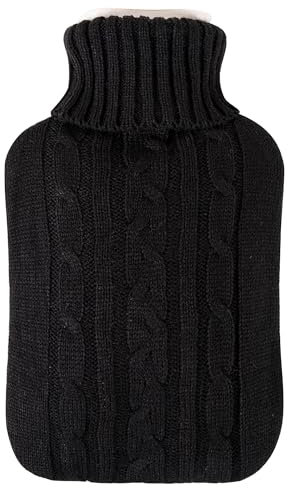 Vencier Large 2L Hot Water Bottle with Plush Cover & Bobble - Durable, Washable Heating Pad for Body Pain Relief & Cosy Nights - Perfect for Aches, Pains, and Thoughtful Gifts (Black Knitted)