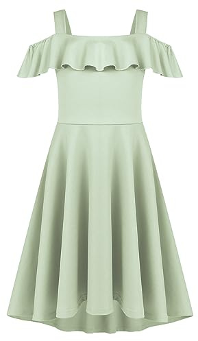Arshiner Robe d'été pour Filles épaules Dénudées Manches à Volants Robe élégante à Bretelles Robe trapèze Robe Haute et Basse Robes Décontractées avec Poche 4-13 Ans