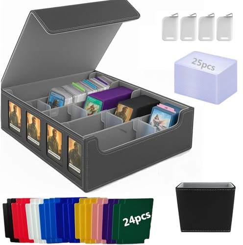 Joymaney Premium Trading Card Storage Box - Holds 3000+ Cards with Writable Dividers, 50 Sleeves, 4 Display Holders & Dice Box - PU Leather TCG Case for MTG, Pokémon, Sports Cards (Grey)