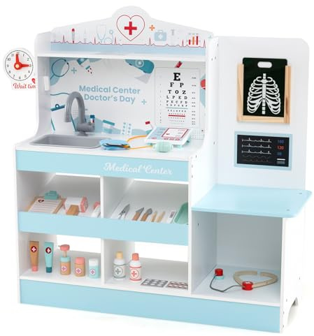 COSTWAY Sjukhusleksak, läkarlekset trä med medicinsk utrustning och 24 tillbehör, inklusive stetoskop och blodtrycksmätare och sprut, läkarrollspel för barn från 3 år (blå)