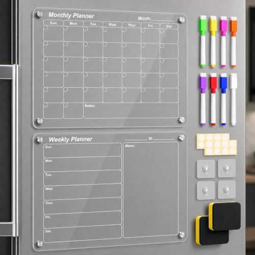 Magnetic Acrylic Meal Planner – Montly & Weekly Menu Board for Fridge – Clear Dry Erase Calendar with 8 Markers – Grocery List, to-Do, Chore Chart & Shopping Organizer Noteboard (Monthly+Weekly)
