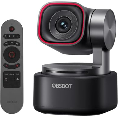 OBSBOT Tiny 3 med Fjärrkontroll, PTZ 4K Webbkamera 1080P@120fps DGG HDR, PC-kamera med AI-spårning, Tri-Mic Array, Röstlokalisering, Röststyrning, PDAF Autofokus, Perfekt för Spel Eller Streaming