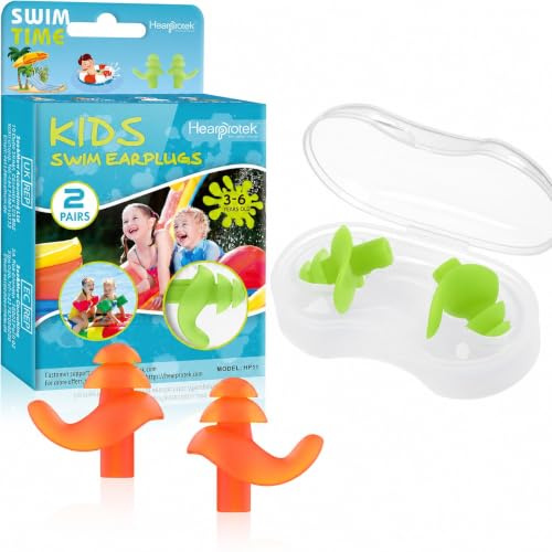 Hearprotek Bouchons d'oreille pour la Natation, 2 Paires Bouchons d'oreille Réutilisables et Imperméables Protection Auditive Enfant pour Natation,et Autres Sports Nautiques Vert & Orange