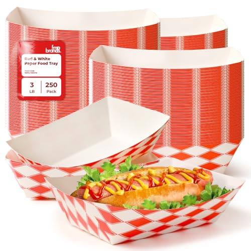 Fit Meal Prep 250 Pack 3 lb Paper Food Trays Heavy Duty Disposable Hot Dog Trays, Paper Food Boat Red Check Nacho Tray for Parties, Fairs, Picnics, Carnivals – Holds Tacos, Fries, Grease Resistant