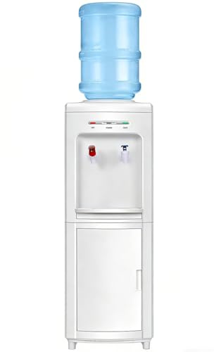 COSTWAY Water Cooler Dispenser for 3-5 Gallon Bottle, Top Loading Hot and Cold Water Dispenser with Storage Cabinet, Child Lock, Water Cooler with Compression Refrigeration Technology, White
