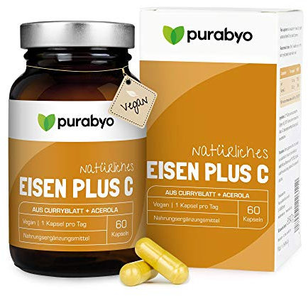 BIO Eisen aus Curryblatt mit 40 mg natürlichem Vitamin C aus BIO Acerola | im Glas | Eisen mit 100% NRV | Nur 1 Kapsel täglich | vegan, laborgeprüft und in Deutschland hergestellt