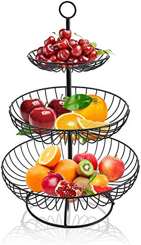 Bekith 3 Stöckig Obst Etagere Obstkorb Metall Draht Obstschale Dekorativ Gemüsekorb, Höhe 48cm, Ablagekörbe16/24/30cm (Schwarz)