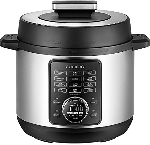 CUCKOO Pressure Cooker 10 Menu Options: Steamer, Slow Cook, Sauté, Porridge, & More, User-Friendly LED Display, Stainless Steel Inner Pot, 24 Cup / 6 Qt. (Uncooked) CMC-ZSN601F Black