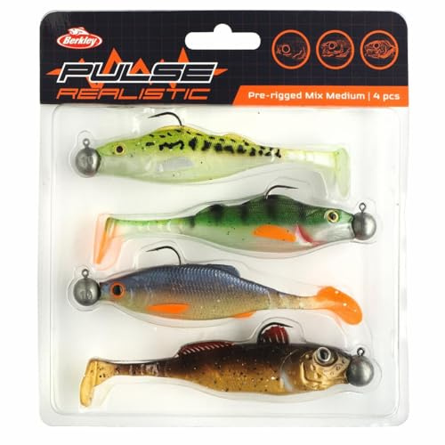Berkley Pulse Realistic Mix, Selection of 4 Pre-Rigged Soft Lures Ideal for Catching Pike, Perch and Zander, Chosen by Berkley Pro Anglers, Great Gift For Lure Anglers