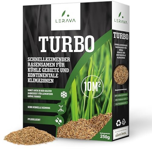 LERAVA TURBO Rasensamen schnellkeimend - für kühle Gebiete - Schattenrasen - leuchtend grüne Farben, resistenter Grassamen schnellkeimend - Nachsaat - 10m²