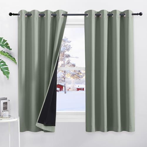 PONY DANCE Double Layer Thermal Eyelet Curtains, 52x54 Inch, Sage Green | 100% Blackout Curtains with Black Lining for Bedroom & Living Room, Noise Reducing & Privacy Protection, 2 Panels