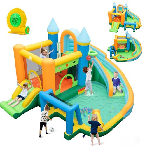 COSTWAY Château Gonflable avec Souffleur 680W & 2 Toboggans, Aire de Jeux Gonflable avec Mur d'escalade & Maison de Saut, Canon à Eau, Piscine & 50 Boules, Charge 90kg pour 2 Enfants de 3-10 Ans