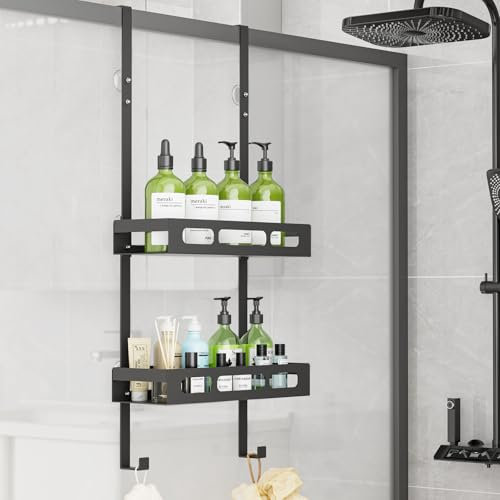 AxiwoIntl Mensola doccia da appendere, mensola doccia senza fori, per porta in vetro senza cornice, shampoo, gel doccia per doccia, nero