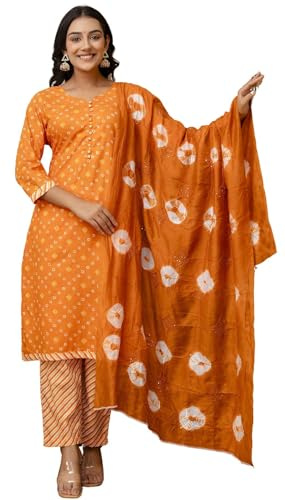 JG JAI GOVINDAM Indian Women kurtis Dress, Cotton Kurti Pant and Dupatta 3pc set, Orange, XX-Large