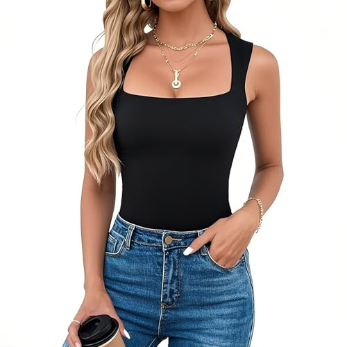 Womens Tank Tops Square Neck Sleeveless Vest Tops Basic Soft Top Shirt Fashion Summer Clothes (UK, Alpha, S, Regular, Regular, Black)