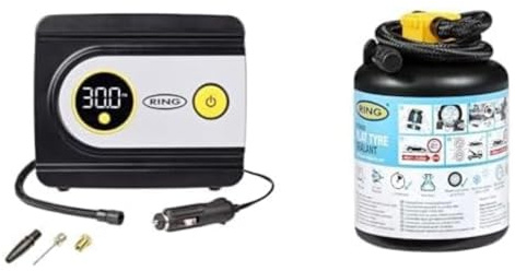 RING TYREINFLATE 20 Digital Tyre Inflator with Three Adaptors & Flat Tyre Sealant - Compact Car Air Pump & Puncture Repair Bundle