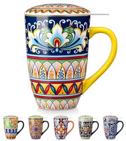 vancasso Ceramic Tea Mug with Infuser and Lid, 18 Ounce Bohemian Loose Leaf Cup, Microwave & Dishwasher Safe, Perfect for Tea, Coffee, Beige-Mustard Tribe