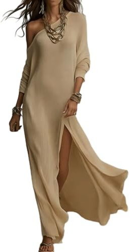 Robe longue asymétrique en tricot fendue à manches longues, robe d'été ample et fluide pour femme, pour les vacances, les voyages