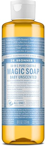 Dr Bronner's 18-in-1 Baby Unscented Pure Castile Liquid Soap, Made with Organic Oils, Used for Face, Hair, Babies, Laundry and Dishes, Certified Fair Trade & Vegan Friendly, 237ml Recycled Bottle