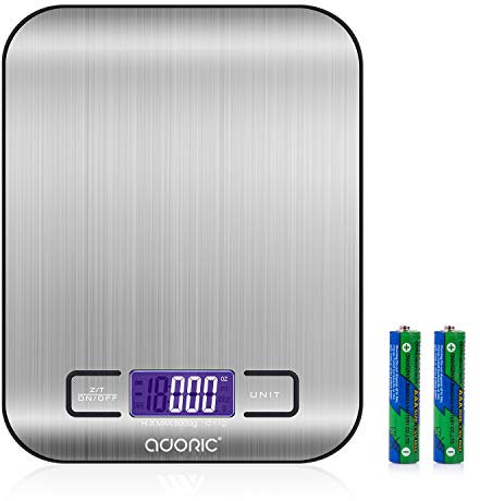 ADORIC Balance Cuisine Electronique Balance de Précision - Balance numérique de Cuisine de Haute Précision, Acier Inoxydable Tactile Sensible Écran LCD Rétroéclairé Auto-arrêt (5KG)