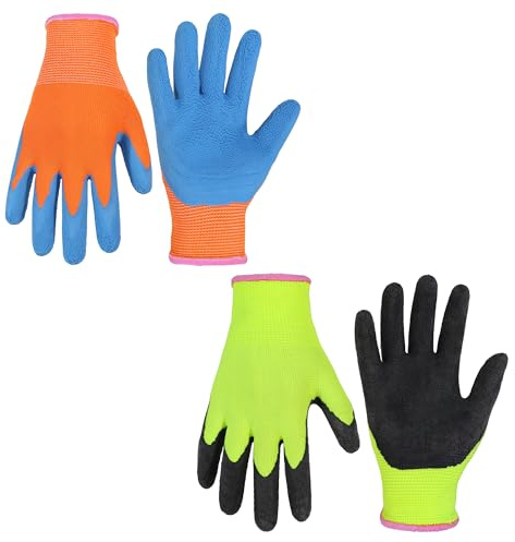 HANDLANDY Lot de 2 paires de Gants de jardin pour enfants de 2 à 3 ans, 4-5 ans, 6-13 ans, avec revêtement en caoutchouc mousse, gants de jardinage et de travail pour filles et garçons
