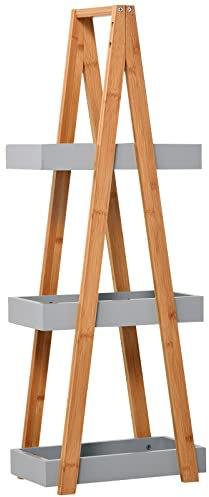 kleankin Scaffale Salvaspazio da Bagno in MDF e Bambù, Forma a Piramide con 3 Mensole, Color Legno e Grigio, 30x18x81cm