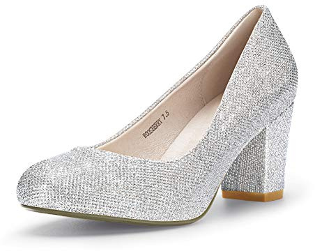 IDIFU Women's Sherry Dress Low Block Chunky Heels Pumps Closed Round Toe Shoes for Wedding Office Evening (Silver Glitter, 8 M US)