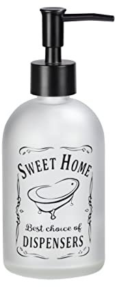 WENKO Seifenspender Sweet Home, aus Glas mit Aufdruck, nachfüllbarer Pumpspender für Flüssigseife oder Spülmittel, Desinfektionsmittelspender mit schwarzem Pumpkopf, Füllmenge: 400 ml, Transparent