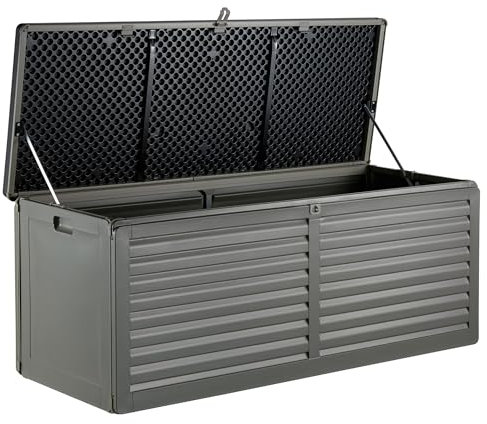 VonHaus Garden Storage Box 390L – Outdoor Utility Chest Organiser – Weatherproof Plastic, Lockable Lid, Sliding Bar Hinge, Carry Handles, Portable – For Garden, Patio, Balcony, Decking – Grey, Black