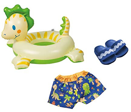Heless 22 - Schwimm-Set für Puppen im Dino-Design, 3 teilig mit Bade-Hose, Badeschlappen und Schwimm-Ring, Größe ca. 35 - 45 cm, für Bade-Spaß an heißen Sommertagen