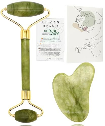 Gua Sha + Rodillo Facial Jade + Guía de Uso – 100% Natural – Masajeador Facial – Antiarrugas – Masajeador Ojos – Rodillo Masaje Relajante y Reafirmante (Set Jade)