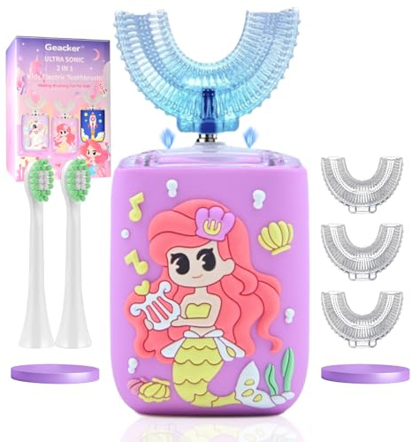 Geacker Kids Electric Toothbrush, U Shaped Toothbrush Kids Sonic Automatic Brush with 5 Brush Head 6 Sonic Clean Modes IPX7 Waterproof Mermaid Design Rechargeable Smart Timer for Children 2-7