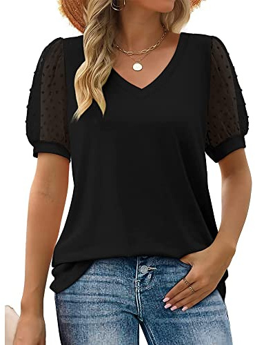 BKEPDY Camicia Donna Estiva Scollo a V Manica Corta Blusa Magliette Maniche Corte a Sbuffo Camicetta Bluse T-Shirt Tops Estive Eleganti Tops Camicette Estate (Nero XXL)