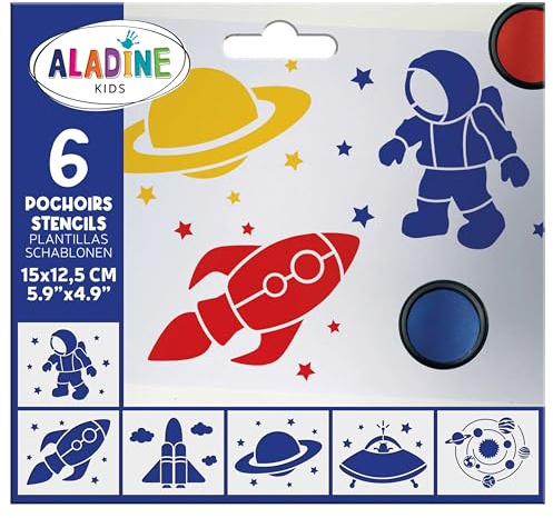 Aladine - 6 Schablonen für Kinder Space – 15 x 12,5 cm – für Dekoration aller Oberflächen – Schablone aus Filz, Malerei, Airbrush – Zeichnung A4