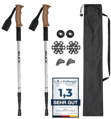 JELEX Nature Teleskop Walking Stöcke für Nordic Walking verstellbar, inkl. diverser Aufsätze für Outdoor Aktivitäten, ultraleichte Wanderstöcke mit Antishock-Technologie (Silber Premium)