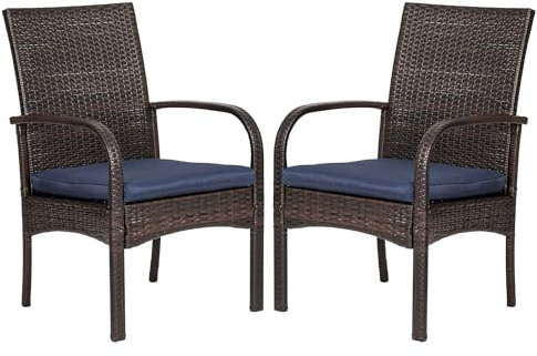 Wicker Patio Dining Chairs Set of 2 - All Weather Outdoor Wicker Chairs with Cushion, 350 lb Weight Capacity Patio Chairs for Outdoor Table and Chairs, Brown PE Rattan for Backyard, Porch, Garden