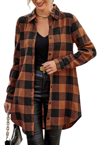 Jhsnjnr - Camicetta da donna a maniche lunghe, a quadri, in flanella, con bottoni, oversize, a maniche lunghe, Arancione, M
