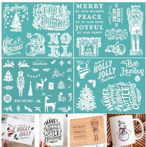 Briartw Merry Christmas Silkscreen Stencil Holly Jolly Reusable Self-Adhesive Mesh Stencils Silk Screen Stencil Printing for Polymer Clay Home Decoration Printing on Wood Fabric Wall Cup Plate