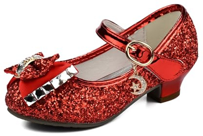 TRIWORIAE-Chaussures de Princesse à Talon pour Filles avec Paillettes Chaussures Reine Chaussures de Déguisement Scintillantes pour Fêtes et Anniversaires Rouge 27