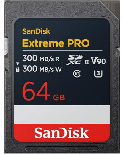 SanDisk Extreme Pro 64 GB SDXC Tarjeta, UHS-II, Velocidad de Lectura con hasta 300 MB/s, Velocidad de Escritura 300 MB/s, V90, Grabación de vídeo en 8K cinematográfica