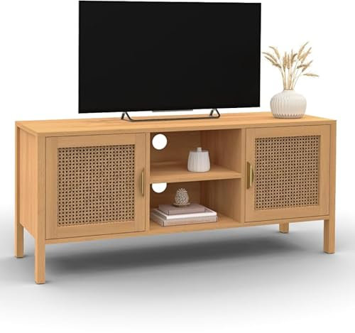 IDMarket - Meuble TV 110 cm EDHEN 2 Portes Bois et cannage