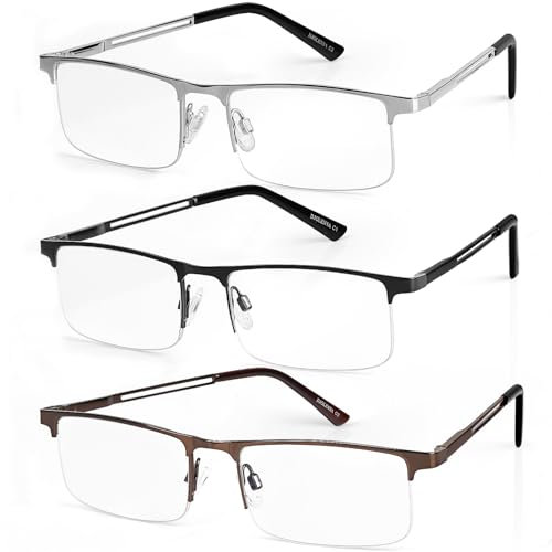 DJOLENSA 3 Pack Blue Light Blocking Reading Glasses for Men Women, Metal Semi Rimless Readers for men Women, Half Frame Spring Hinge Eyeglasses with Pouches, Anti Eyestrain/Glare/UV（3.5）
