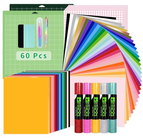 VINYL FROG 60PCS Accessories Bundle for Cricut Maker and All Explore Air, Ultimate Tools with Permanent Adhesive Vinyl, HTV Vinyl, Cutting Mat, Weeding Tools, Scrape