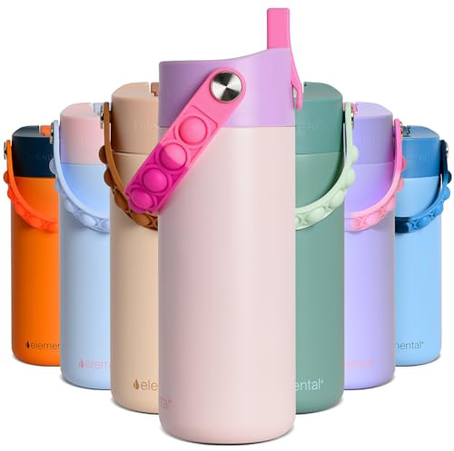 Elemental Insulated Kids Water Bottle, Stainless Steel Water Bottle with Straw Lid & Pop-It Handle, Leak-Proof Water Bottles for School, Boys or Girls, Travelling and Sports, 530ml - Pink Tie Dye